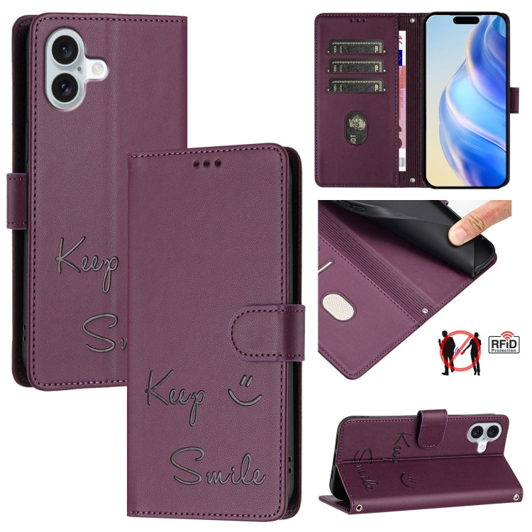 For iPhone 16 Plus Smile Embossing RFID Leather Phone Case(Violet) by buy2fix