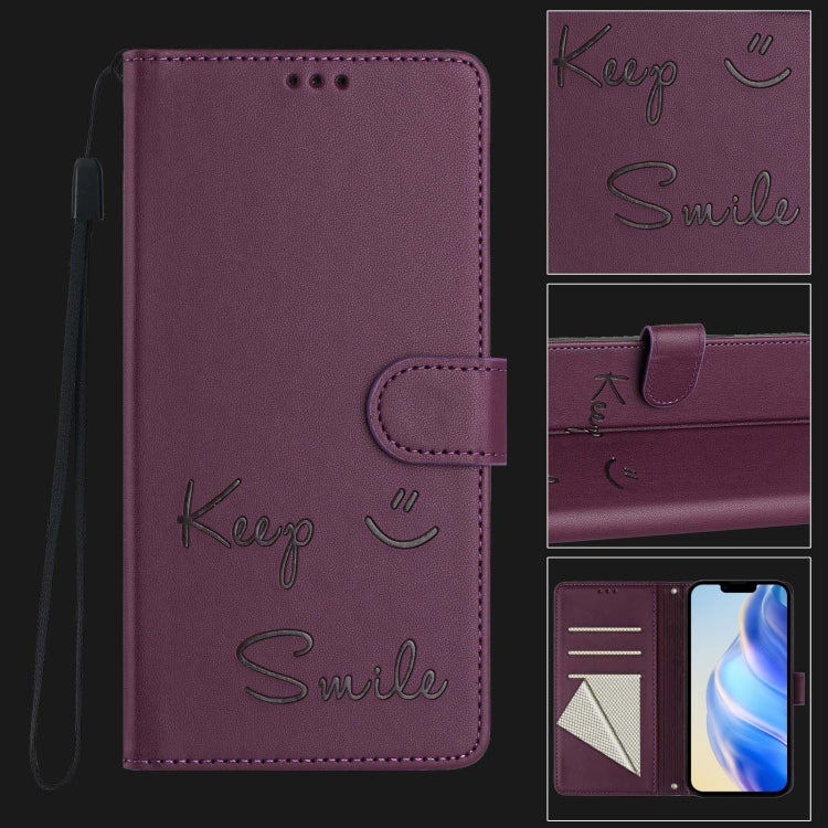 For iPhone 16 Plus Smile Embossing RFID Leather Phone Case(Violet) by buy2fix