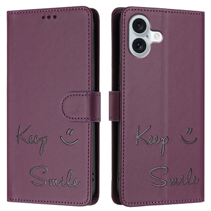 For iPhone 16 Plus Smile Embossing RFID Leather Phone Case(Violet) by buy2fix
