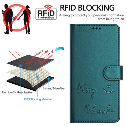 For iPhone 16 Smile Embossing RFID Leather Phone Case(Peacock Green) - iPhone 16 Cases by buy2fix | Online Shopping UK | buy2fix