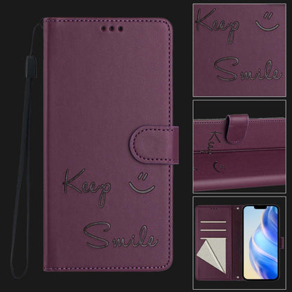 For iPhone 16 Smile Embossing RFID Leather Phone Case(Violet) - iPhone 16 Cases by buy2fix | Online Shopping UK | buy2fix