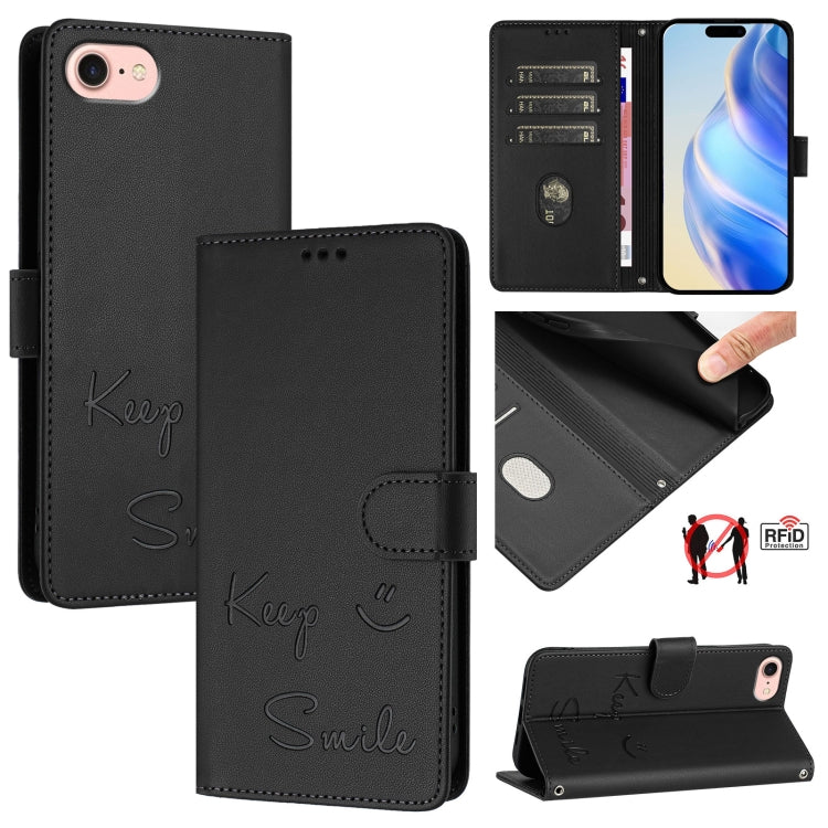 For iPhone SE 2024 Smile Embossing RFID Leather Phone Case(Black) - More iPhone Cases by buy2fix | Online Shopping UK | buy2fix