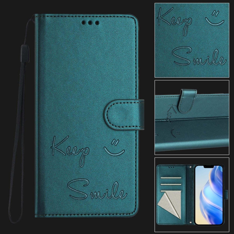 For iPhone SE 2024 Smile Embossing RFID Leather Phone Case(Peacock Green) by buy2fix