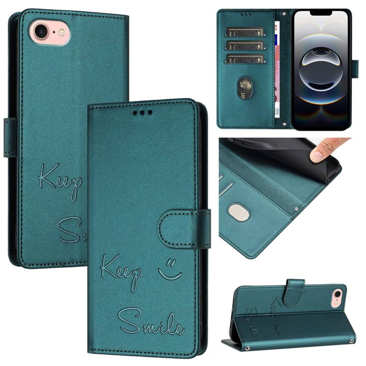 For iPhone SE 2024 Smile Embossing RFID Leather Phone Case(Peacock Green) by buy2fix