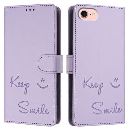 For iPhone SE 2024 Smile Embossing RFID Leather Phone Case(Light Purple) - More iPhone Cases by buy2fix | Online Shopping UK | buy2fix