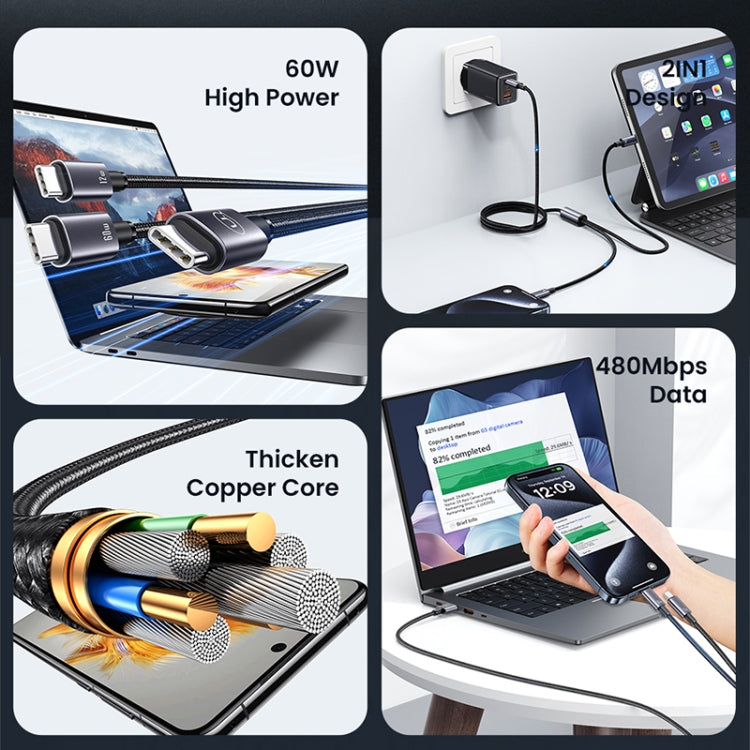 USAMS SJ740 1.2m 72W 2 in 1 Type-C Fast Charging Cable(Titanium Gray) - USB-C & Type-C Cable by USAMS | Online Shopping UK | buy2fix