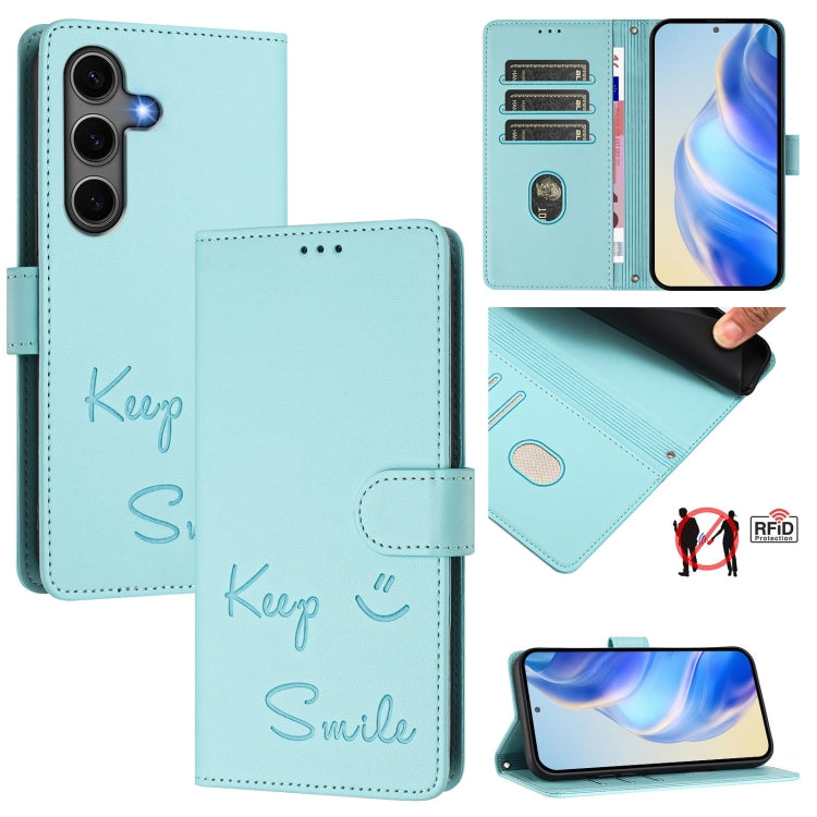 For Samsung Galaxy S25+ 5G Smile Embossing RFID Leather Phone Case(Mint Green) by buy2fix