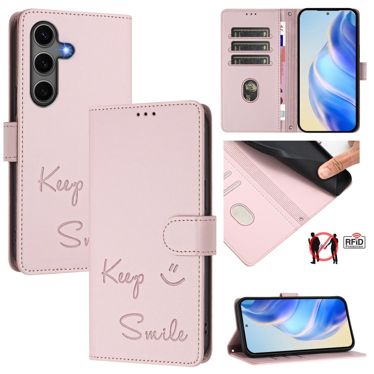 For Samsung Galaxy S25+ 5G Smile Embossing RFID Leather Phone Case(Pink) by buy2fix
