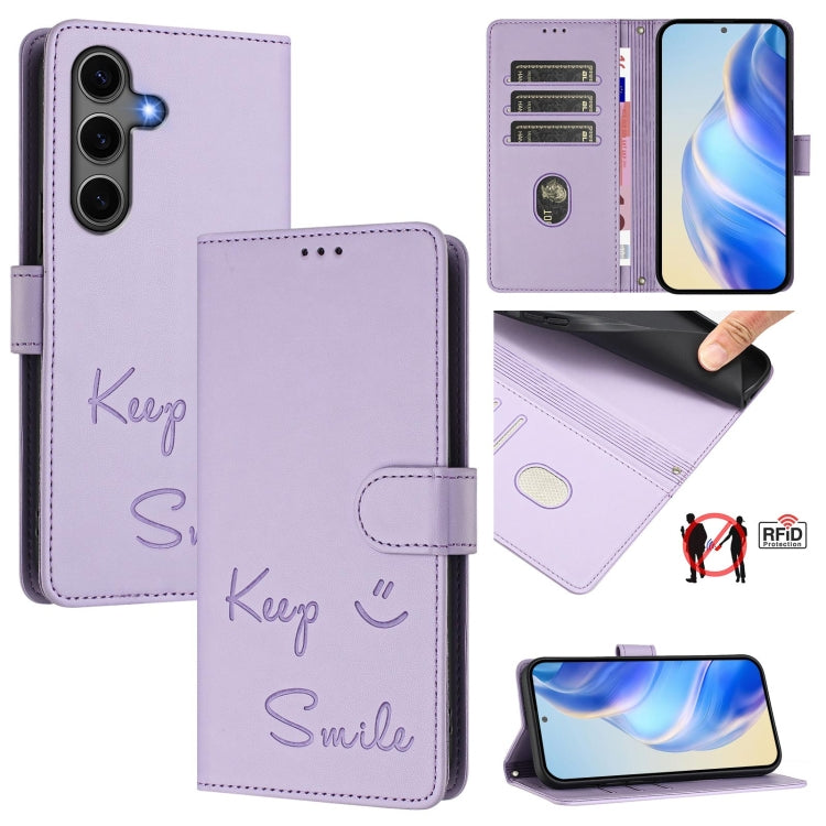 For Samsung Galaxy S25+ 5G Smile Embossing RFID Leather Phone Case(Light Purple) by buy2fix