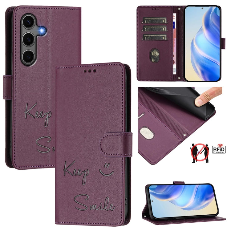 For Samsung Galaxy S25+ 5G Smile Embossing RFID Leather Phone Case(Violet) by buy2fix