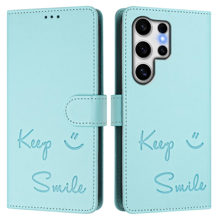 For Samsung Galaxy S25 Ultra 5G Smile Embossing RFID Leather Phone Case(Mint Green) - Galaxy S25 Ultra 5G Cases by buy2fix | Online Shopping UK | buy2fix