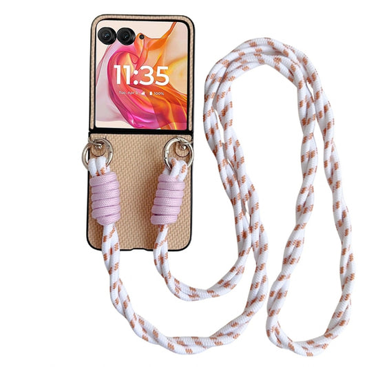For Motorola Razr 50 Ultra Woven Texture Phone Case With Colorful Lanyard(Beige) by buy2fix