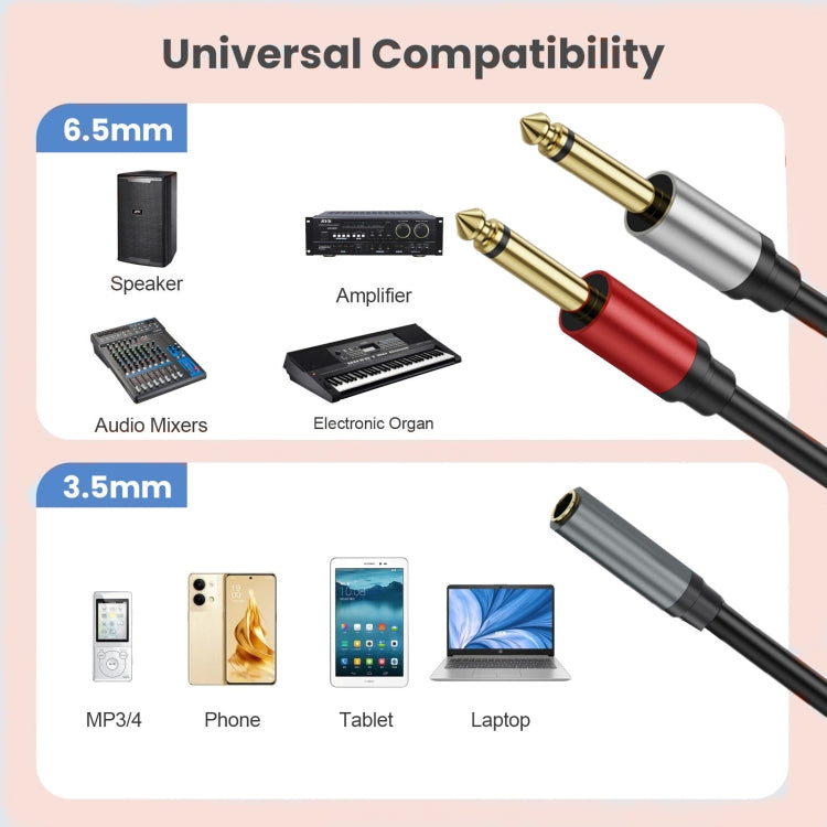 1m Gold Plated 3.5mm TRS Female to 2 x 6.35mm TS Male Mono Y Splitter Adapter Audio Cable(Black) - Video & Audio Cable by buy2fix | Online Shopping UK | buy2fix