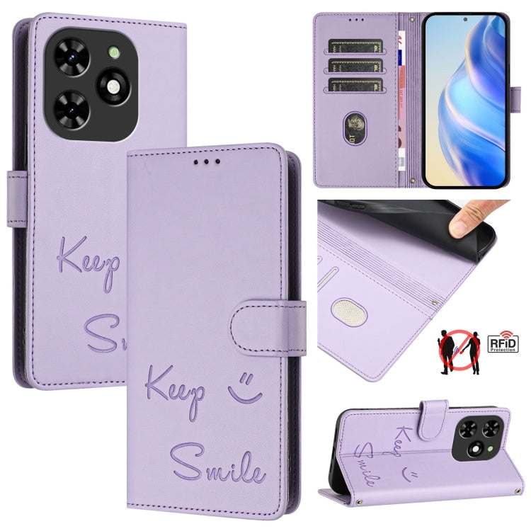For Tecno Spark GO 2024 / Spark 20C Smile Embossing RFID Leather Phone Case(Light Purple) by buy2fix