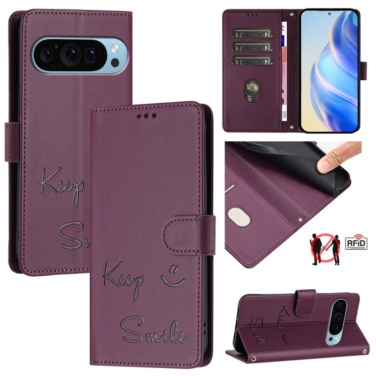 For Google Pixel 9 Pro XL Smile Embossing RFID Leather Phone Case(Violet) - Google Cases by buy2fix | Online Shopping UK | buy2fix