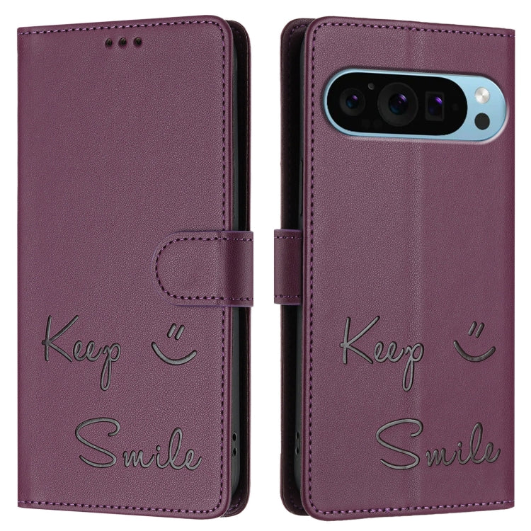 For Google Pixel 9 Pro XL Smile Embossing RFID Leather Phone Case(Violet) - Google Cases by buy2fix | Online Shopping UK | buy2fix