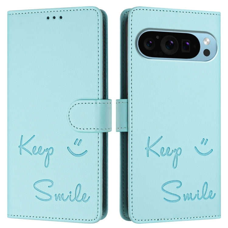 For Google Pixel 9 / Pixel 9 Pro Smile Embossing RFID Leather Phone Case(Mint Green) by buy2fix