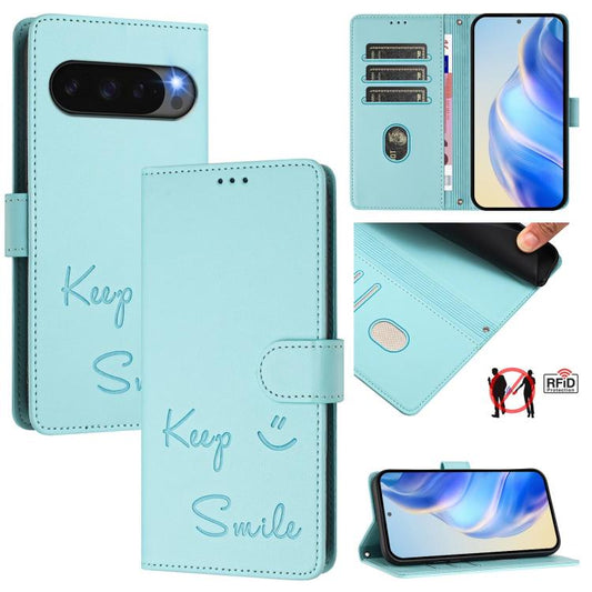 For Google Pixel 10 5G / 10 Pro 5G Global Smile Embossing RFID Leather Phone Case(Mint Green) - Google Cases by buy2fix | Online Shopping UK | buy2fix