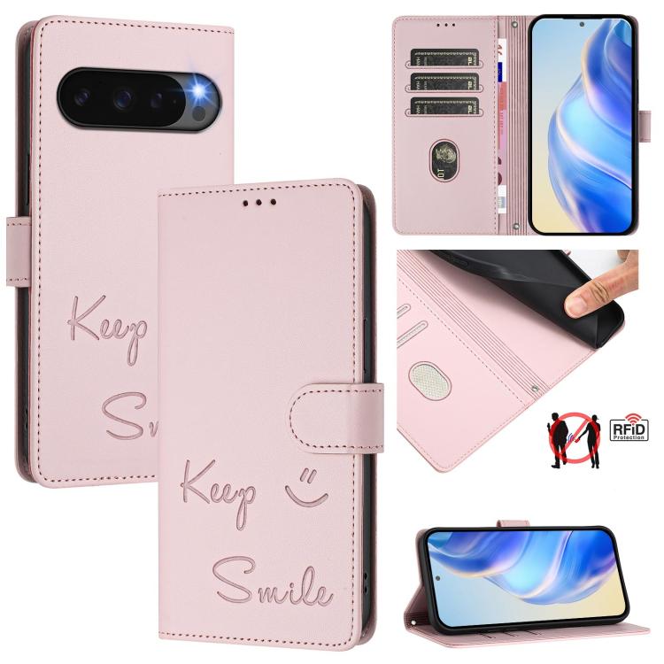 For Google Pixel 10 5G / 10 Pro 5G Global Smile Embossing RFID Leather Phone Case(Pink) - Google Cases by buy2fix | Online Shopping UK | buy2fix
