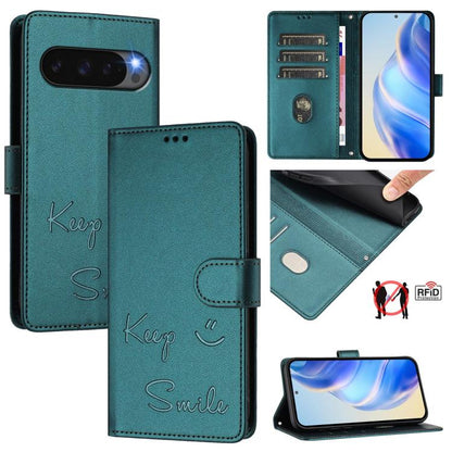 For Google Pixel 10 5G / 10 Pro 5G Global Smile Embossing RFID Leather Phone Case(Peacock Green) - Google Cases by buy2fix | Online Shopping UK | buy2fix
