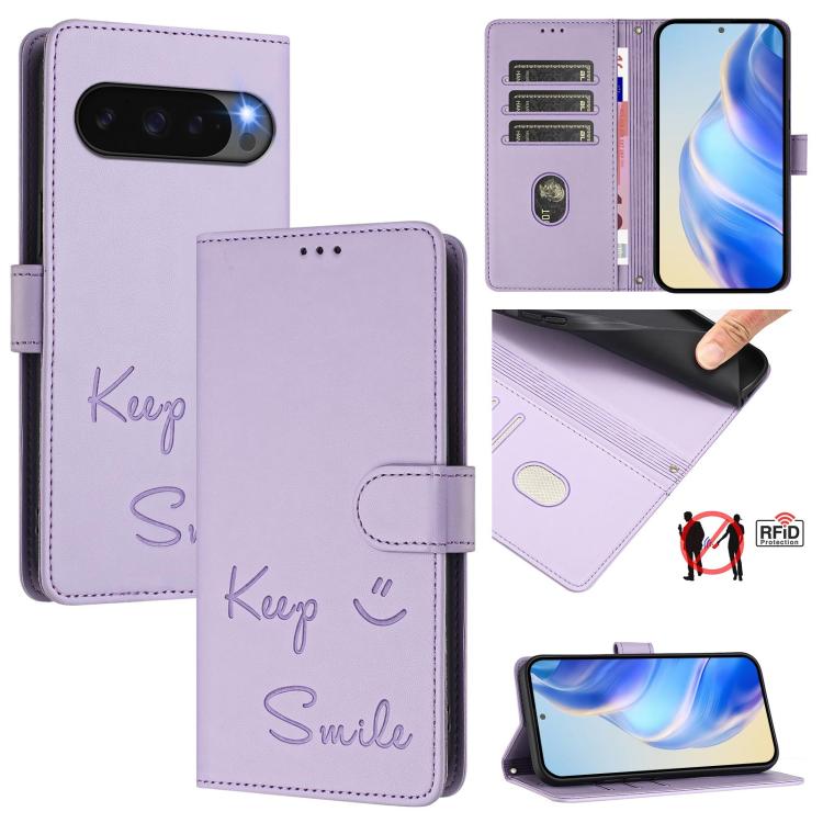 For Google Pixel 10 5G / 10 Pro 5G Global Smile Embossing RFID Leather Phone Case(Light Purple) - Google Cases by buy2fix | Online Shopping UK | buy2fix