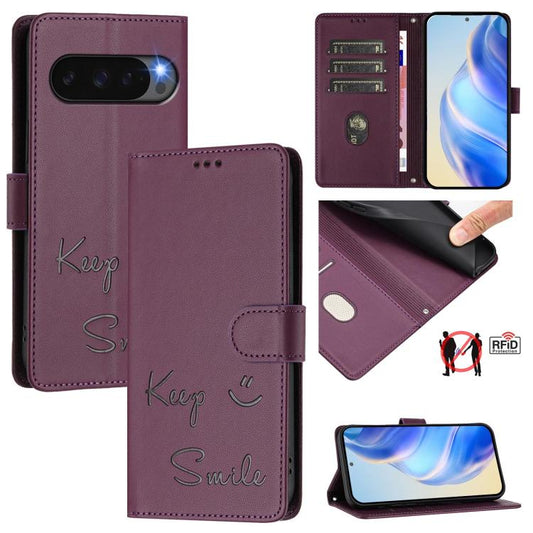 For Google Pixel 10 5G / 10 Pro 5G Global Smile Embossing RFID Leather Phone Case(Violet) - Google Cases by buy2fix | Online Shopping UK | buy2fix