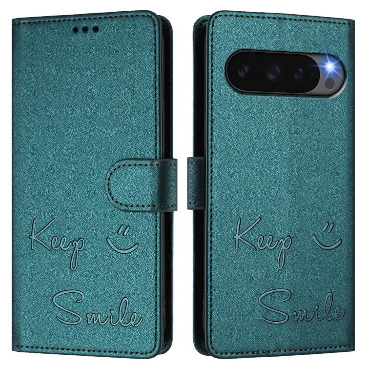 For Google Pixel 10 Pro XL 5G Global Smile Embossing RFID Leather Phone Case(Peacock Green) - Google Cases by buy2fix | Online Shopping UK | buy2fix