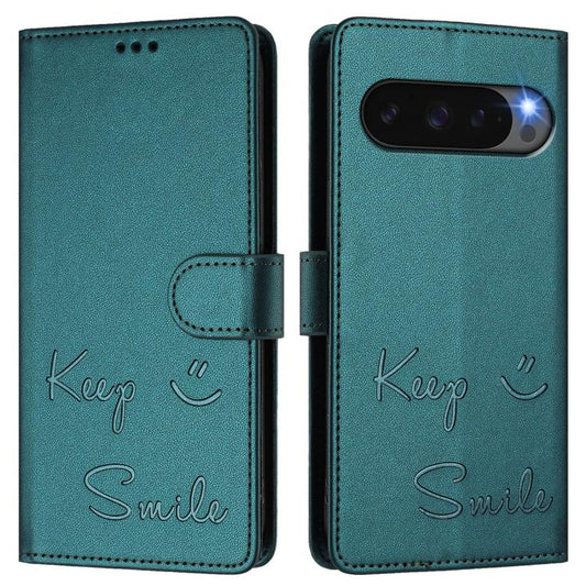 For Google Pixel 10 Pro XL 5G Global Smile Embossing RFID Leather Phone Case(Peacock Green) - Google Cases by buy2fix | Online Shopping UK | buy2fix