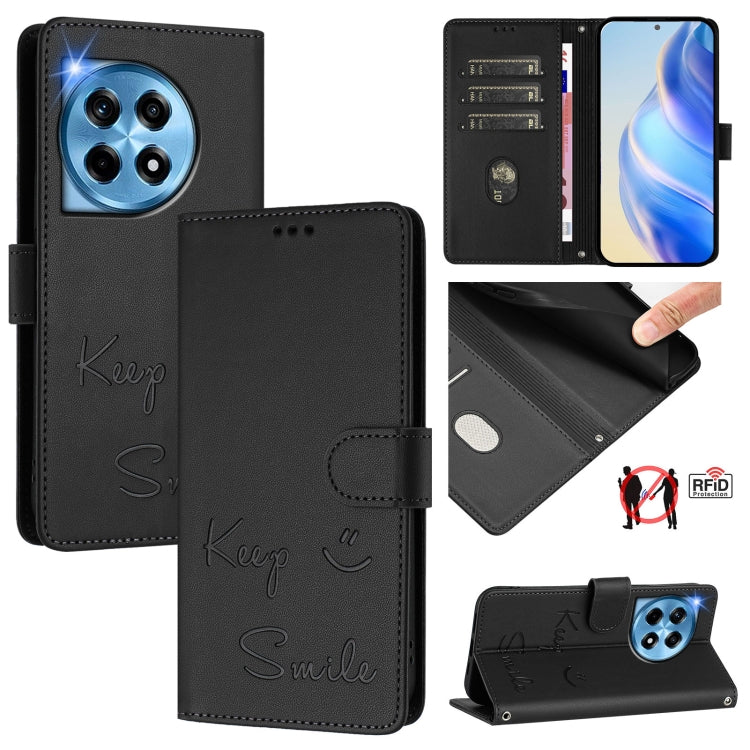 For OnePlus 12 5G Global Smile Embossing RFID Leather Phone Case(Black) - OnePlus Cases by buy2fix | Online Shopping UK | buy2fix