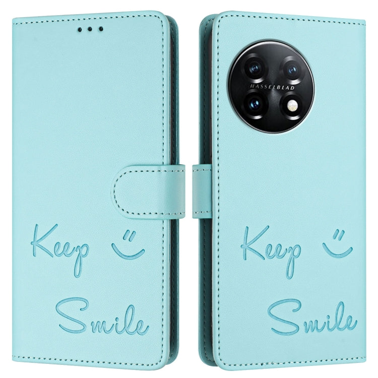 For OnePlus 11 Smile Embossing RFID Leather Phone Case(Mint Green) - OnePlus Cases by buy2fix | Online Shopping UK | buy2fix