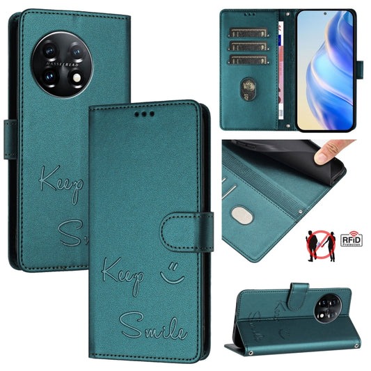 For OnePlus 11 Smile Embossing RFID Leather Phone Case(Peacock Green) - OnePlus Cases by buy2fix | Online Shopping UK | buy2fix