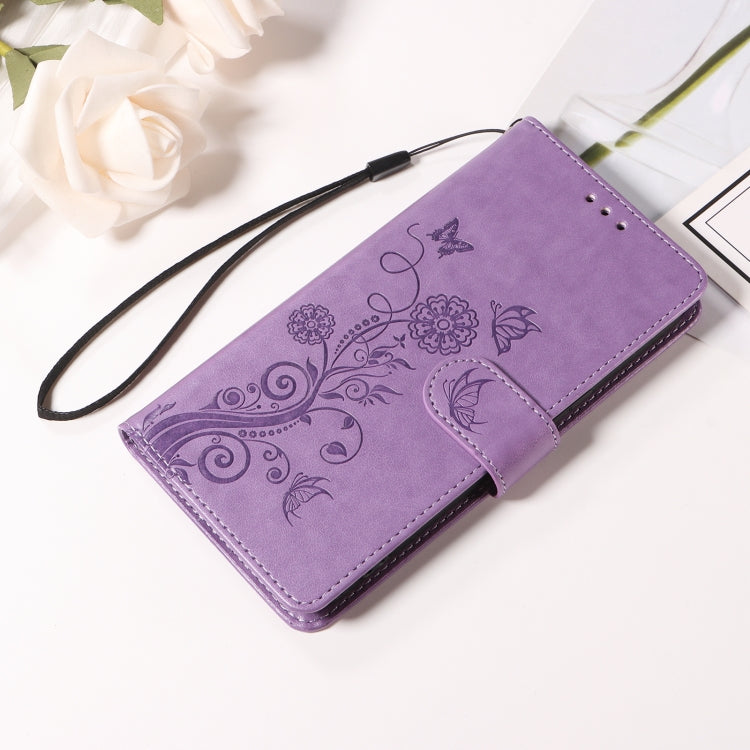 For iPhone 16 Embossed Butterfly Flowers Leather Phone Case(Purple) - iPhone 16 Cases by buy2fix | Online Shopping UK | buy2fix