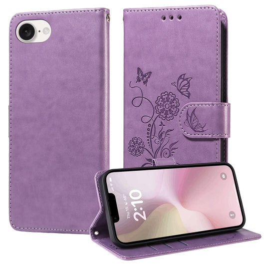 For iPhone SE 2024 Embossed Butterfly Flowers Leather Phone Case(Purple) - iPhone 13 Cases by buy2fix | Online Shopping UK | buy2fix