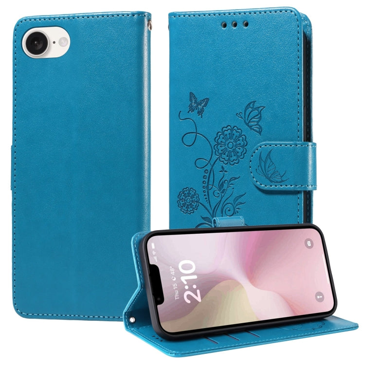 For iPhone SE 2024 Embossed Butterfly Flowers Leather Phone Case(Blue) - iPhone 13 Cases by buy2fix | Online Shopping UK | buy2fix