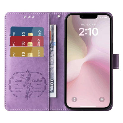 For iPhone 16e Embossed Butterfly Flowers Leather Phone Case(Purple) - iPhone 16e Cases by buy2fix | Online Shopping UK | buy2fix