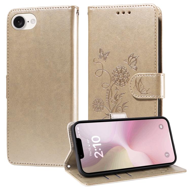 For iPhone 16e Embossed Butterfly Flowers Leather Phone Case(Gold) - iPhone 16e Cases by buy2fix | Online Shopping UK | buy2fix