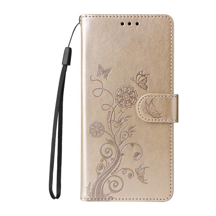 For iPhone 16e Embossed Butterfly Flowers Leather Phone Case(Gold) - iPhone 16e Cases by buy2fix | Online Shopping UK | buy2fix