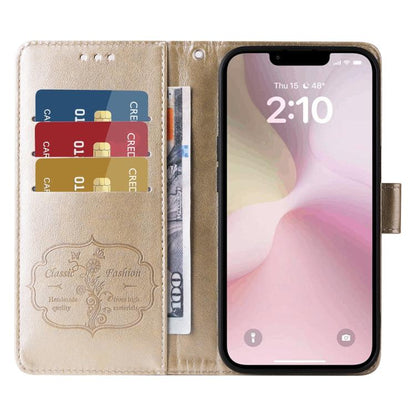 For iPhone 16e Embossed Butterfly Flowers Leather Phone Case(Gold) - iPhone 16e Cases by buy2fix | Online Shopping UK | buy2fix
