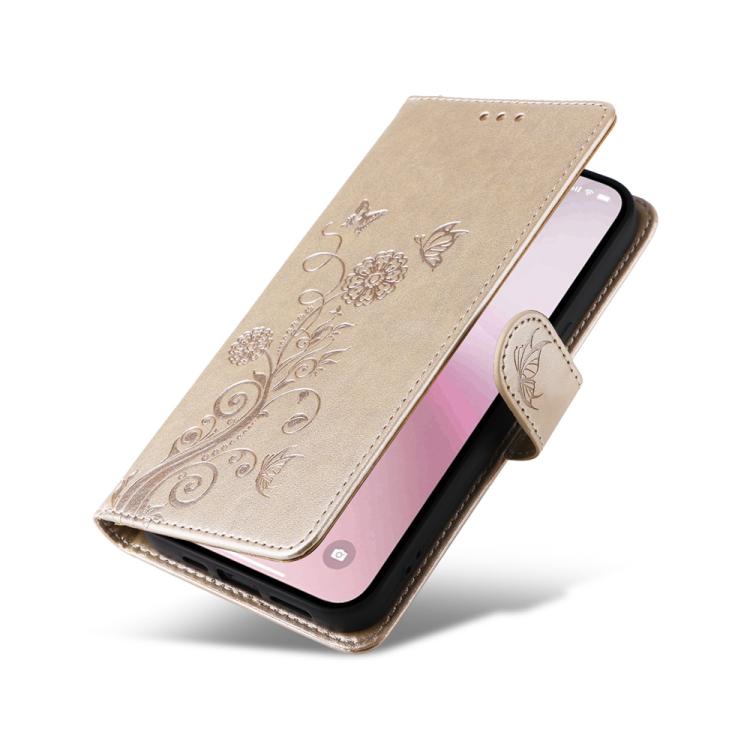 For iPhone 16e Embossed Butterfly Flowers Leather Phone Case(Gold) - iPhone 16e Cases by buy2fix | Online Shopping UK | buy2fix