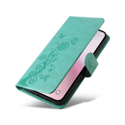 For iPhone 16e Embossed Butterfly Flowers Leather Phone Case(Green) - iPhone 16e Cases by buy2fix | Online Shopping UK | buy2fix