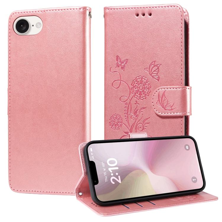 For iPhone 16e Embossed Butterfly Flowers Leather Phone Case(Rose Gold) - iPhone 16e Cases by buy2fix | Online Shopping UK | buy2fix