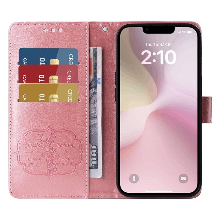 For iPhone 16e Embossed Butterfly Flowers Leather Phone Case(Rose Gold) - iPhone 16e Cases by buy2fix | Online Shopping UK | buy2fix