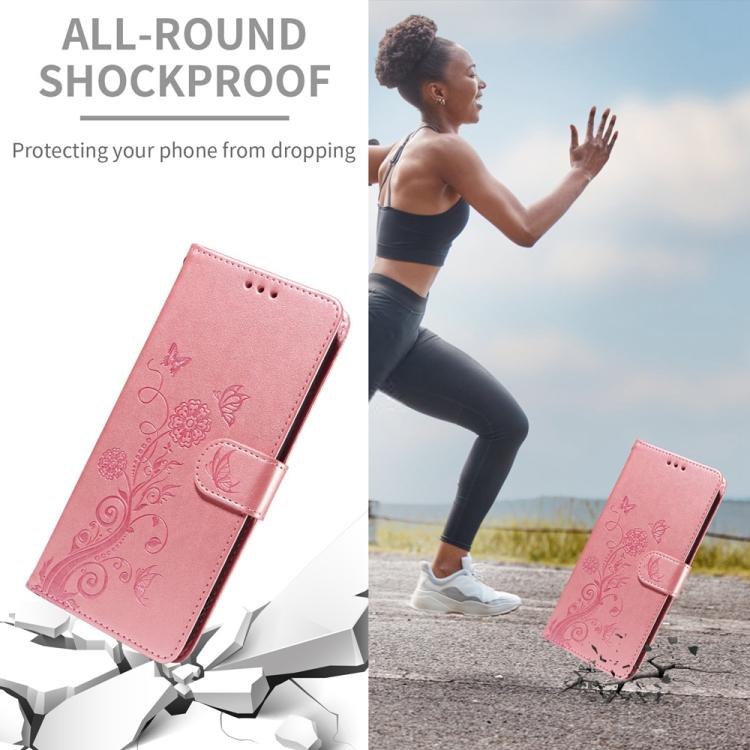 For iPhone 16e Embossed Butterfly Flowers Leather Phone Case(Rose Gold) - iPhone 16e Cases by buy2fix | Online Shopping UK | buy2fix