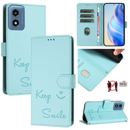 For Motorola Moto G 5G 2024 Global Smile Embossing RFID Leather Phone Case(Mint Green) - Motorola Cases by buy2fix | Online Shopping UK | buy2fix