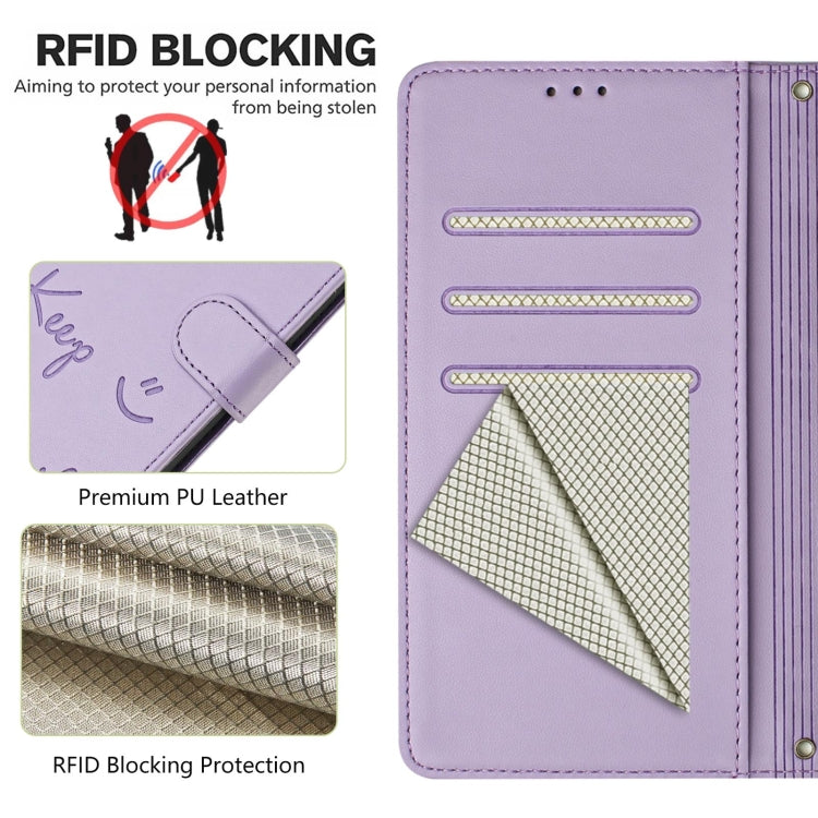 For Motorola Moto G Stylus 5G 2024 Smile Embossing RFID Leather Phone Case(Light Purple) - Motorola Cases by buy2fix | Online Shopping UK | buy2fix