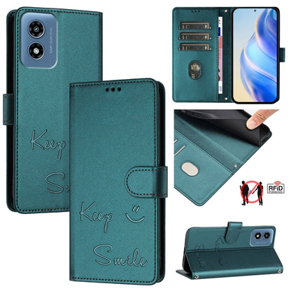 For Motorola Moto G Play 4G 2024 Global Smile Embossing RFID Leather Phone Case(Peacock Green) - Motorola Cases by buy2fix | Online Shopping UK | buy2fix