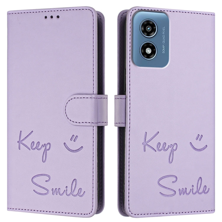 For Motorola Moto G Play 5G 2024 Global Smile Embossing RFID Leather Phone Case(Light Purple) - Motorola Cases by buy2fix | Online Shopping UK | buy2fix