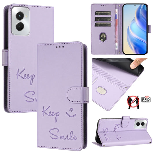 For Motorola Moto G Power 5G 2024 Smile Embossing RFID Leather Phone Case(Light Purple) by buy2fix