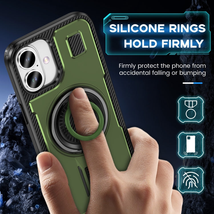 For iPhone 16 Ring Holder Carbon Fiber PC Hybrid TPU Phone Case(Army Green) - iPhone 16 Cases by buy2fix | Online Shopping UK | buy2fix