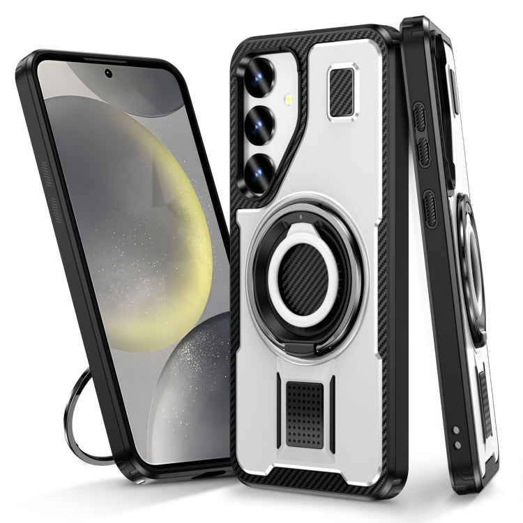 For Samsung Galaxy S25 5G Ring Holder Carbon Fiber PC Hybrid TPU Phone Case(White) - Galaxy S25 5G Cases by buy2fix | Online Shopping UK | buy2fix